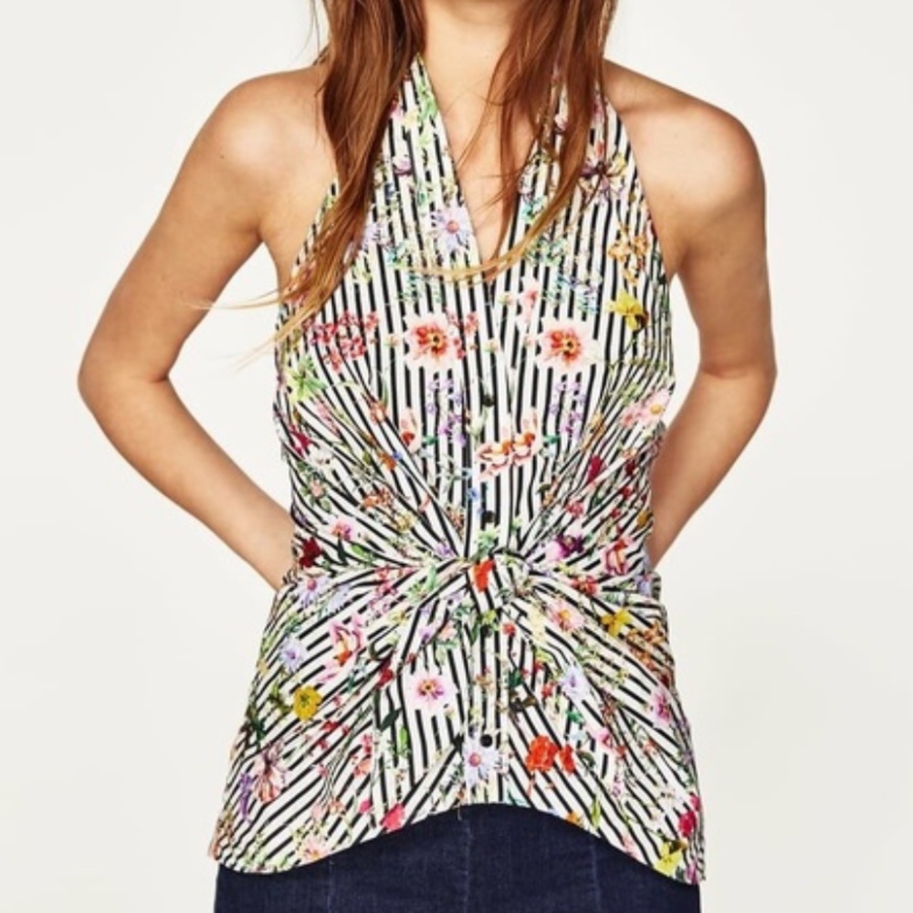 NWT Zara Stripe & Floral Halter Top Pink Black White Orange Lavender XS NEW $40